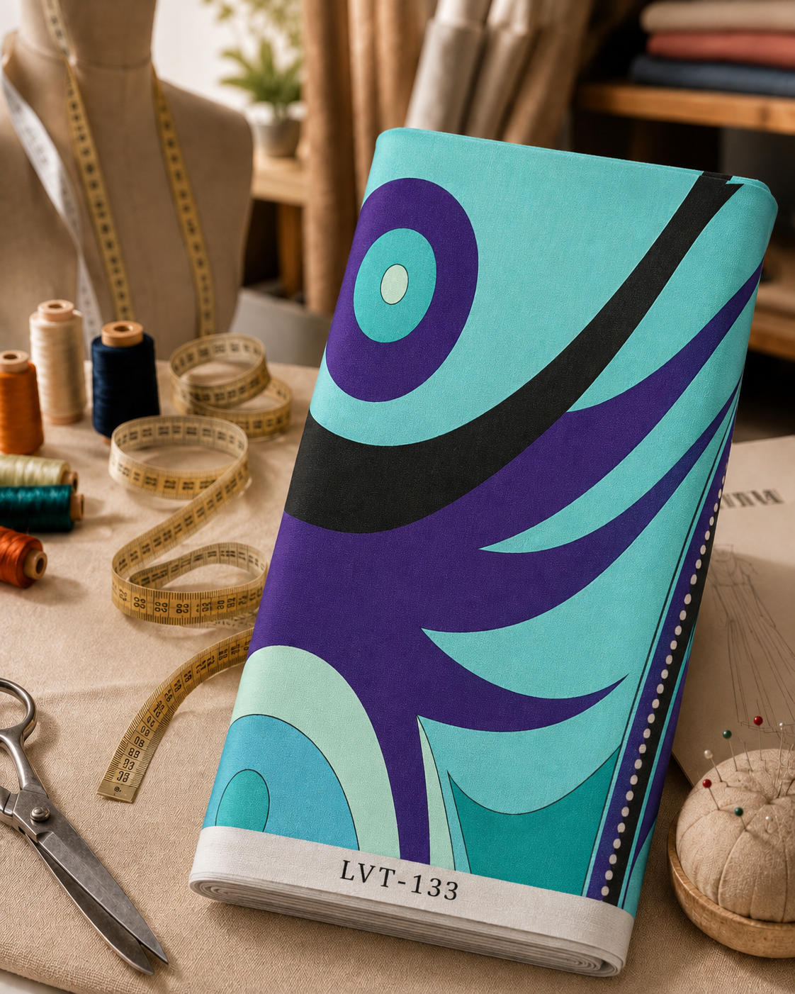 ec331c4c-d297-4c03-91be-1c29bf4f16c4 Bold abstract print featuring flowing curved shapes and circular elements in turquoise, deep purple, black, and soft mint. - Image 1