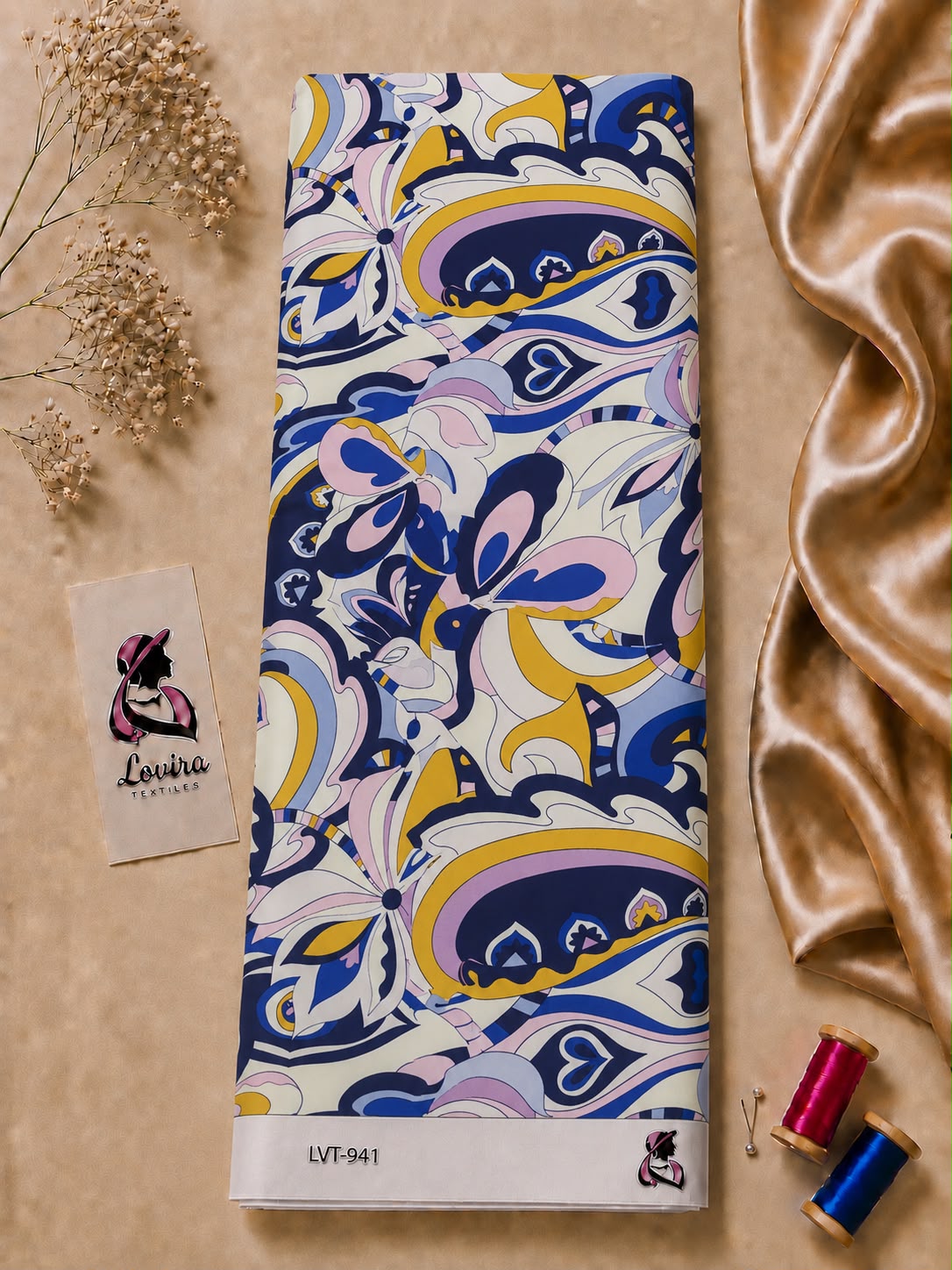 f3cd57aa-aec9-4c26-8efb-e9e918112bc3 Elegant Pucci-inspired abstract print in navy, ivory, soft lavender, and golden yellow with flowing geometric motifs-Italian Silk (ST01) - Image 1