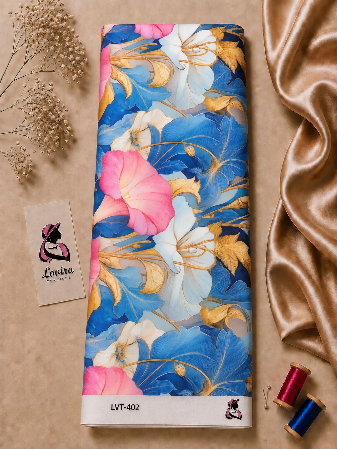 f8bc7188-4b85-4a2a-87d7-a8569c895549 Bold blue, white, and pink floral print with elegant golden botanical accents-Italian Silk (ST01) - Image 1