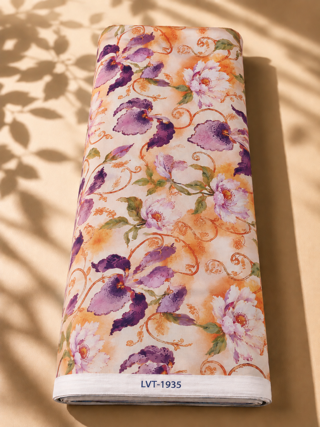 2026/09/1000066973.png Elegant Spanish cotton with artistic purple florals, soft ivory tones and warm orange accents - Spanish Cotton (PC11) - Image 1
