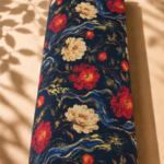 Navy Spanish cotton with elegant red and ivory florals, flowing blue accents, and golden details - Spanish Cotton (PC11)