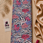 Striking Italian silk with black and white zebra print, rich red florals, blue foliage and elegant chain details - Italian Silk (ST01)