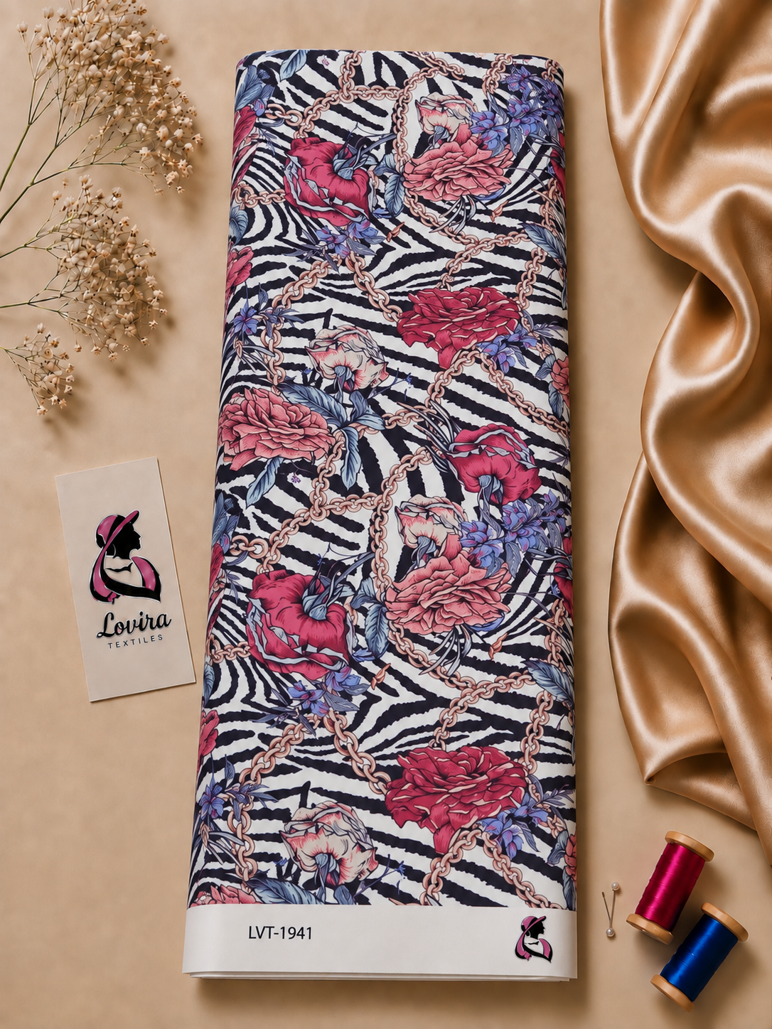 2026/09/1000067959.png Striking Italian silk with black and white zebra print, rich red florals, blue foliage and elegant chain details - Italian Silk (ST01) - Image 1