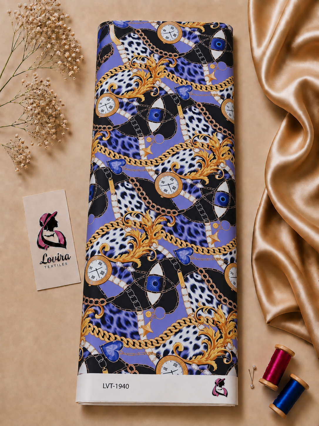 2026/09/1000067960.png Luxurious Italian silk with bold blue and black animal-inspired patterns, ornate gold chains, watches and jewel details - Italian Silk (ST01) - Image 1