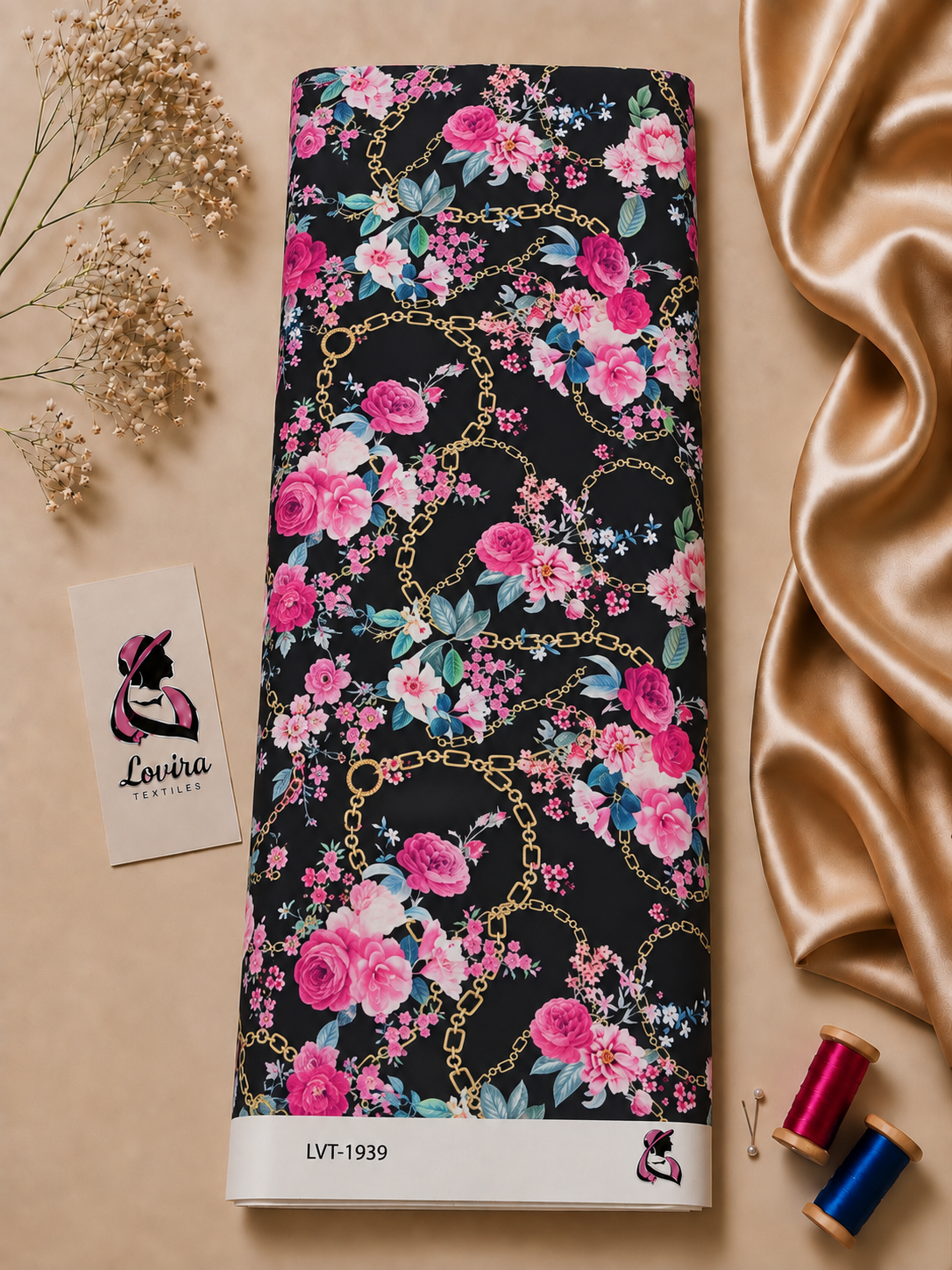 2026/09/1000067961.png Luxurious black Italian silk with vibrant pink florals, blue-green leaves and elegant gold chain details - Italian Silk (ST01) - Image 1