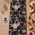 Luxurious black Italian silk with ornate multicolor floral jewels, elegant gold cords, pearls and decorative charm details - (ST01) 1 Yards