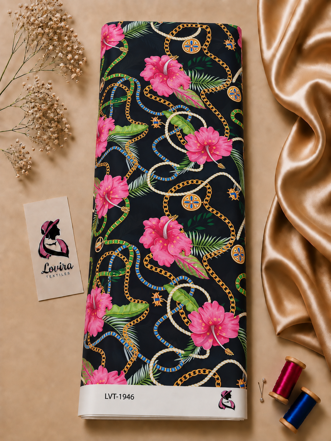 2026/09/1000069151.png Vibrant pink flowers, gold chains, and tropical leaves on a black background – Silk Jacquard (JD02) - Image 1