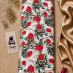 Bold red roses, gold chains, and leopard accents on a white background – Silk Jacquard (JD02)