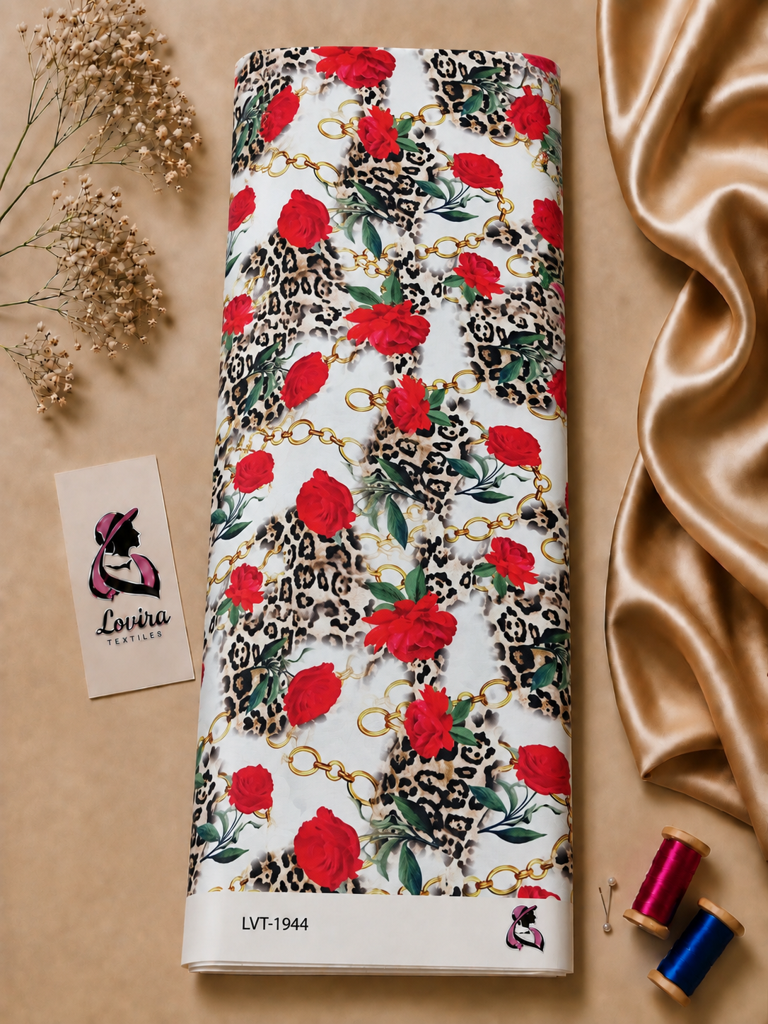2026/09/1000069152.png Bold red roses, gold chains, and leopard accents on a white background – Silk Jacquard (JD02) - Image 1