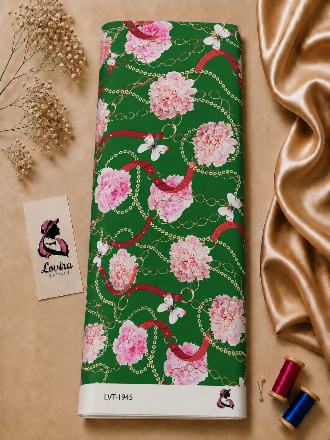 2026/09/1000069153.png Elegant floral and chain design featuring soft pink flowers, red straps, delicate gold chains, and white butterflies on a rich green background – Silk Jacquard (JD02) - الصورة 1