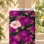 Bold floral design with rich magenta and soft blush blooms, rose-toned foliage, and deep charcoal leaves on a black background.