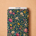 Elegant pink, ivory, and golden florals with delicate trailing foliage on a deep teal-blue background.