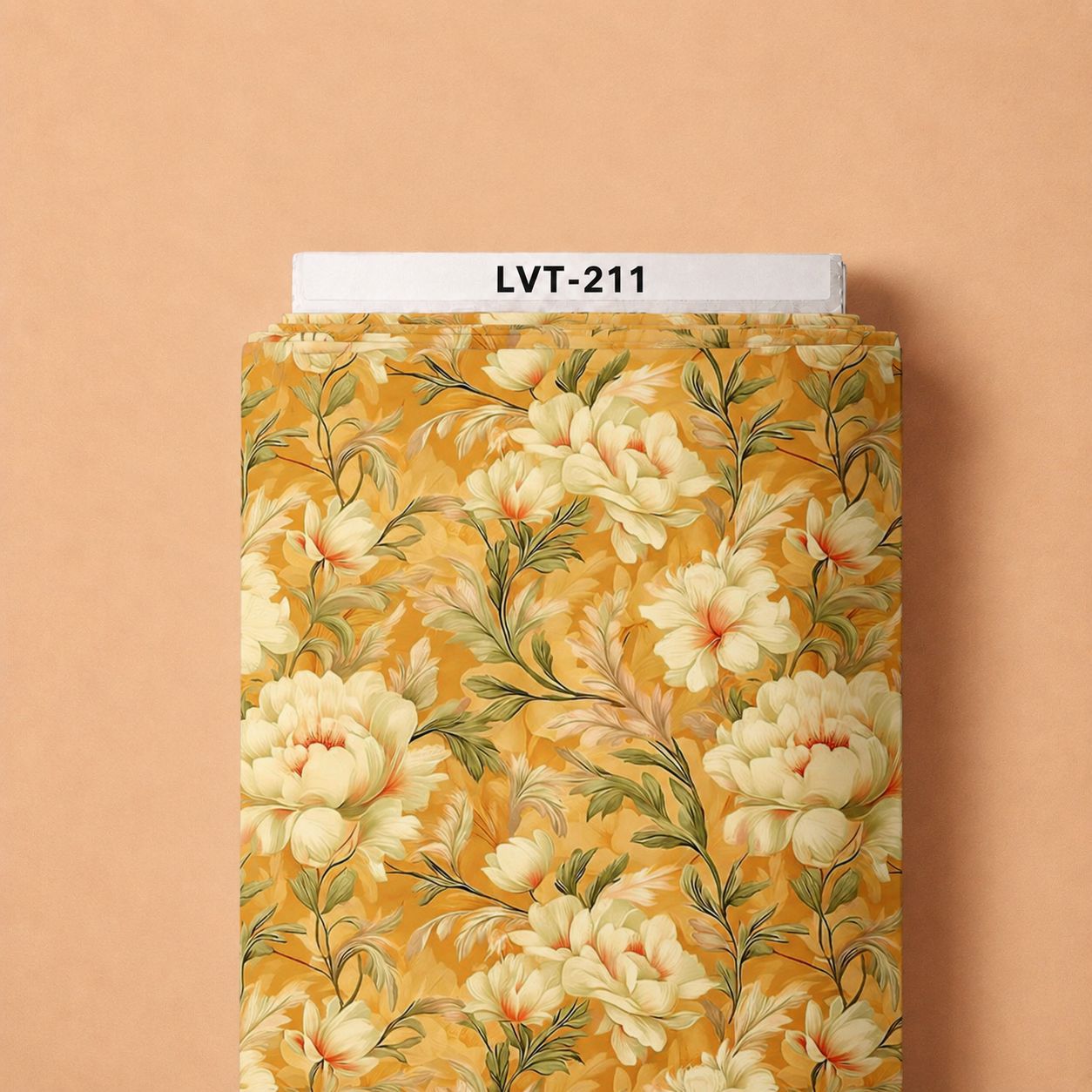 LVT-211 Creamy ivory blossoms with graceful olive foliage on a warm golden-yellow background, creating a soft and elegant botanical look. - Image 1