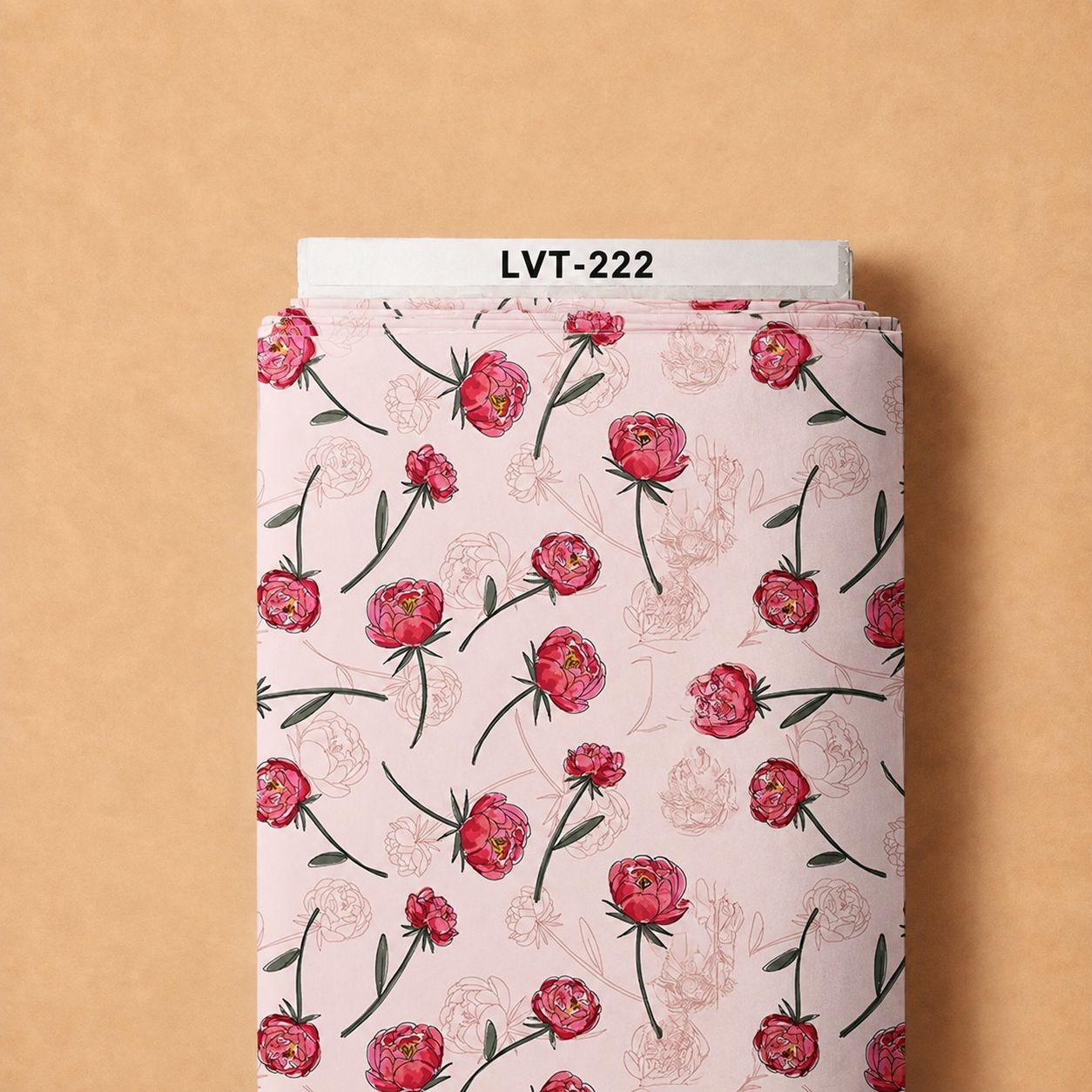 LVT-222 Playful red-pink blossoms with slender green stems over a soft blush-pink background. - Image 1