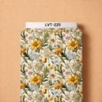 Elegant botanical florals in golden yellow, ivory, soft blue, and blush tones with muted green foliage on a creamy background
