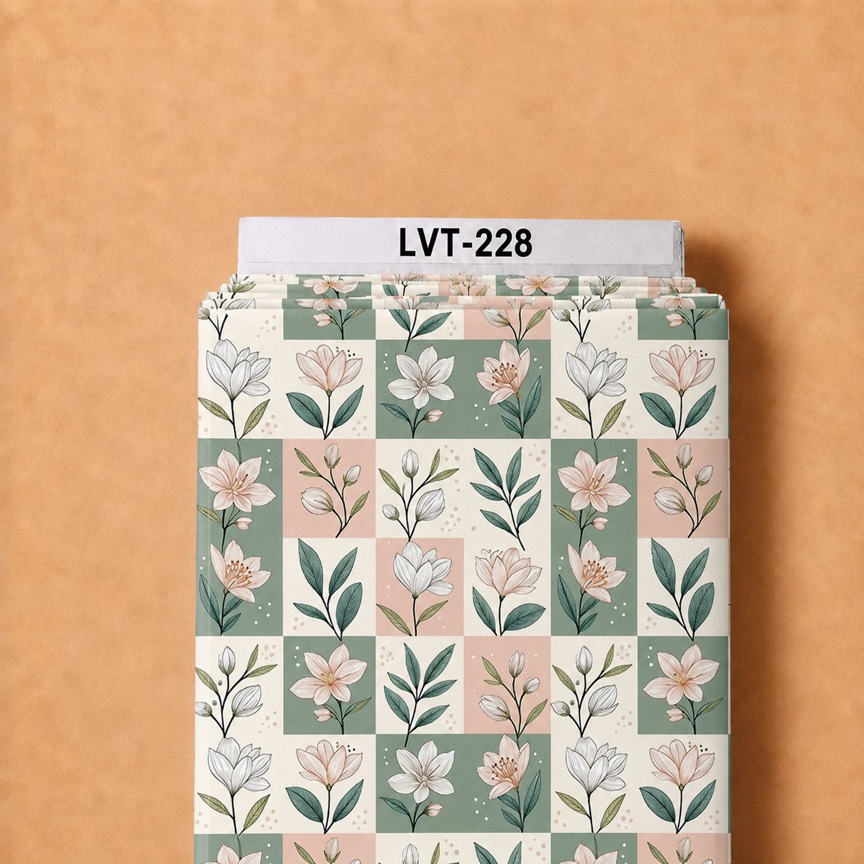 LVT-228 Modern botanical florals arranged in geometric blocks of sage green, blush pink, and cream for a clean contemporary look. - Image 1