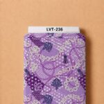 Elegant purple ornamental print featuring interlocking chains, decorative knots, tassels, and dotted details