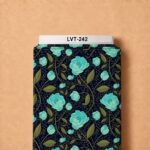 Elegant turquoise floral print with olive green leaves and delicate vines on a deep navy background.