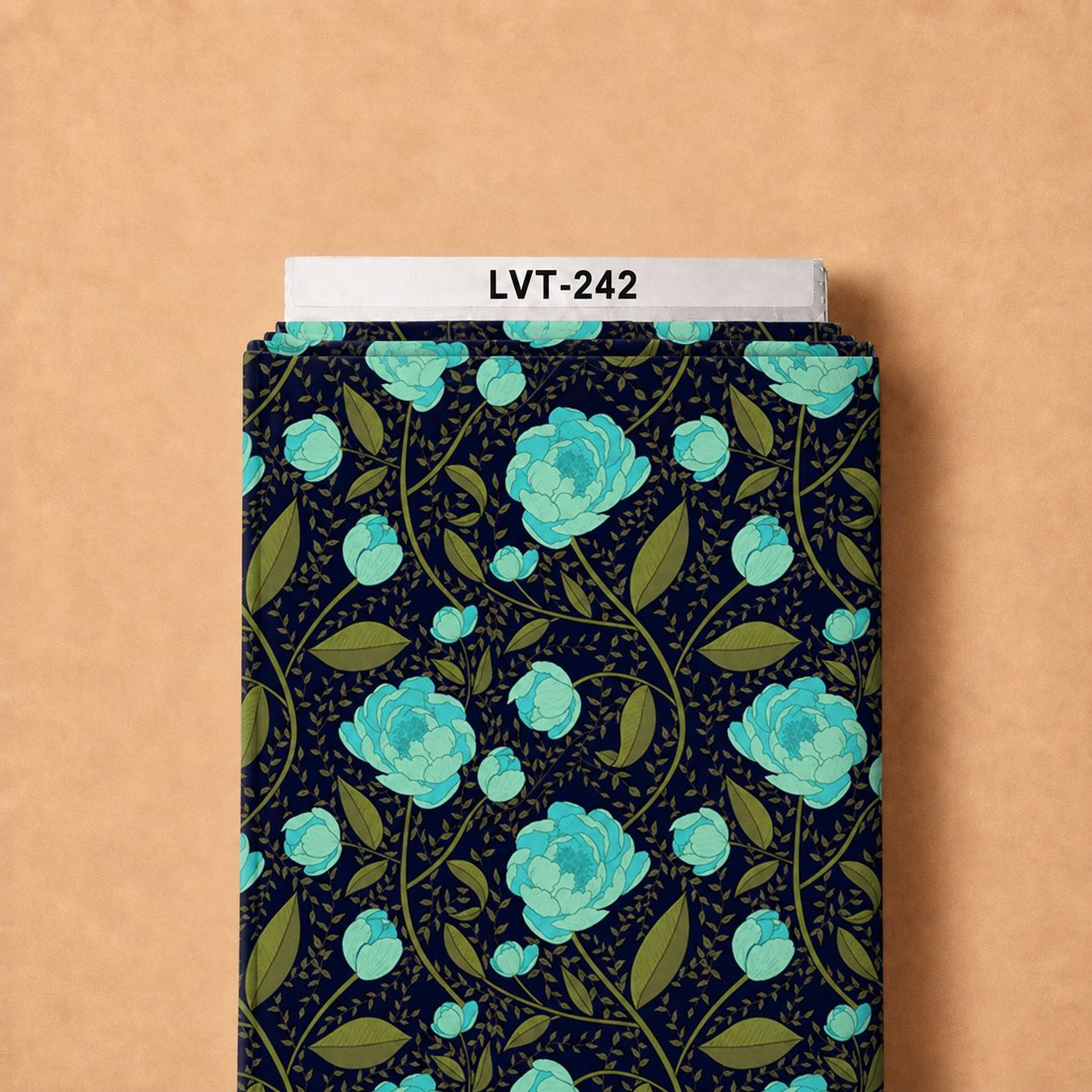 LVT-242 Elegant turquoise floral print with olive green leaves and delicate vines on a deep navy background. - Image 1