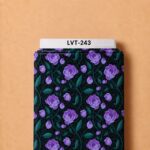 Elegant purple floral print with deep teal leaves and delicate winding vines on a rich black background.