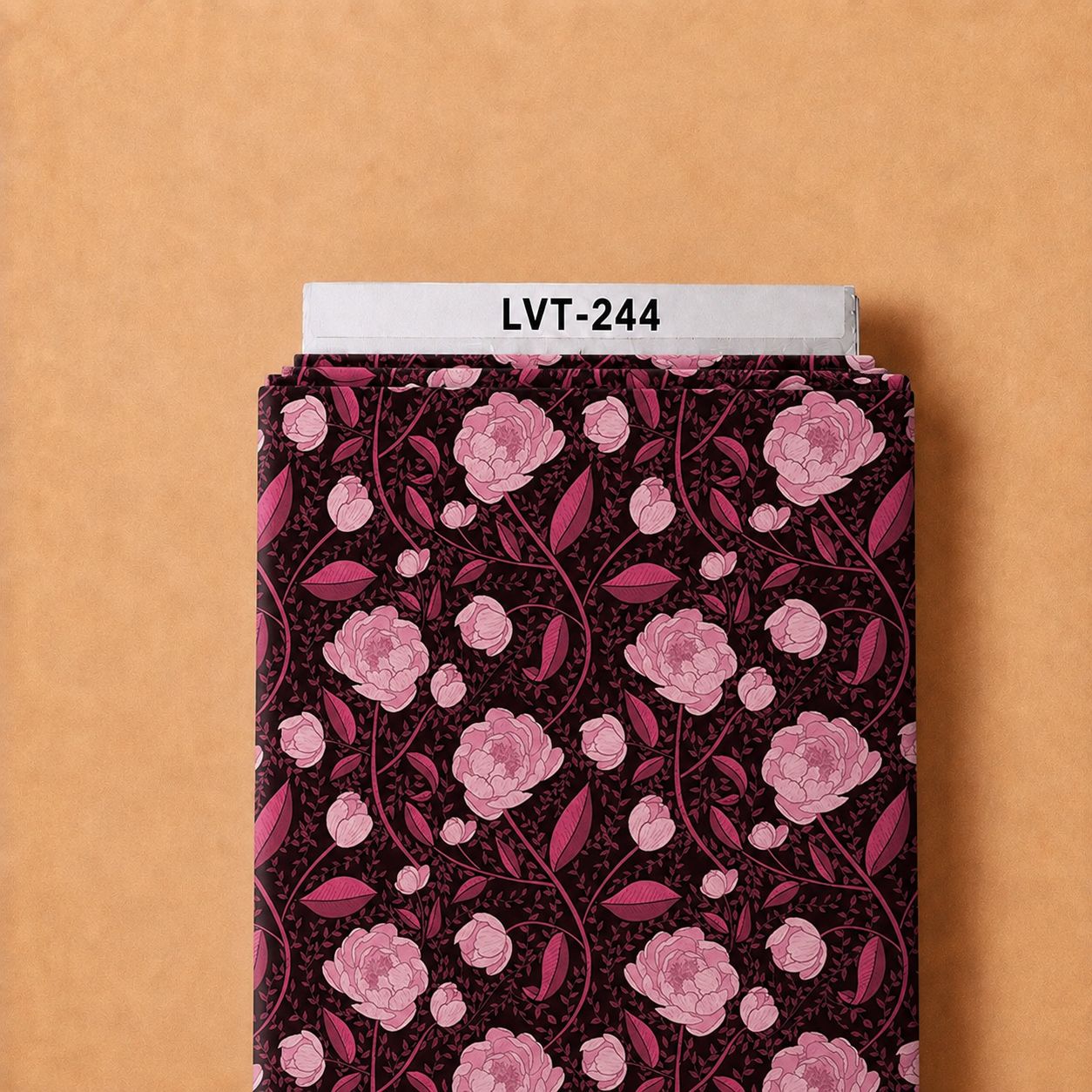 LVT-244 Elegant pink floral print with deep burgundy leaves and delicate winding vines on a rich dark background. - Image 1