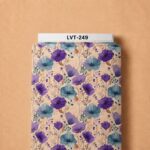 Elegant purple and dusty blue floral print with delicate botanical accents on a soft cream background.