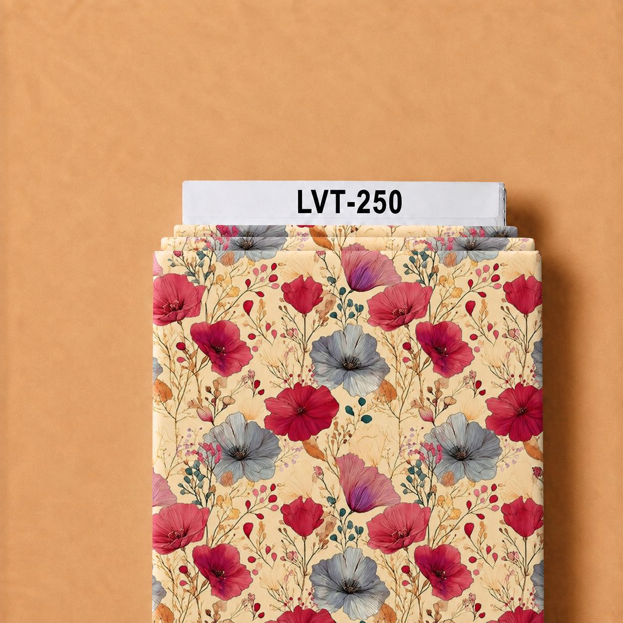 LVT-250 Elegant red, coral, and soft gray floral print with delicate botanical accents on a warm cream background. - Image 1