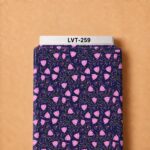 Delicate pink floral print with flowing purple foliage and fine dotted accents on a deep navy background.