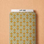Elegant fan-inspired geometric pattern in warm mustard gold and soft blue, finished with subtle teal accents.