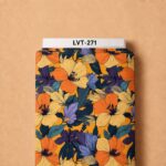Bold tropical floral design featuring oversized orange, soft yellow, violet, and blue blooms with deep teal foliage on a warm golden background.