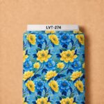 Vibrant floral design featuring rich blue and golden-yellow blooms with deep navy and green foliage on a bright sky-blue background.