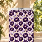 Elegant floral design featuring rich deep-purple blooms, soft lavender petals, and delicate golden-beige foliage on a warm ivory background.