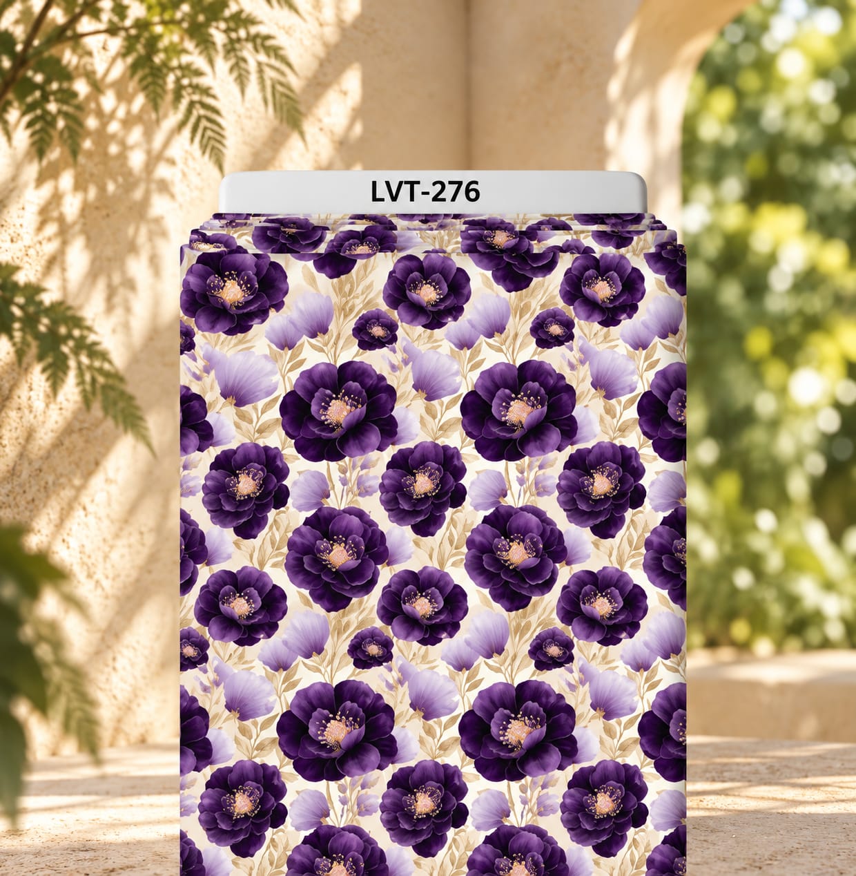 LVT-276 Elegant floral design featuring rich deep-purple blooms, soft lavender petals, and delicate golden-beige foliage on a warm ivory background. - Image 1