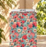 Romantic floral design featuring coral-red, blush pink, and soft cream blooms layered with muted teal-blue foliage for a rich botanical look.
