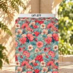 Romantic floral design featuring coral-red, blush pink, and soft cream blooms layered with muted teal-blue foliage for a rich botanical look.