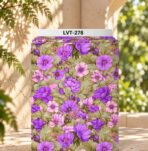 Lush floral design featuring vibrant violet and soft pink blooms layered over muted olive-green foliage for a rich botanical look.