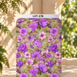 Lush floral design featuring vibrant violet and soft pink blooms layered over muted olive-green foliage for a rich botanical look.