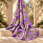 ⁦Lush floral design featuring vibrant violet and soft pink blooms layered over muted olive-green foliage for a rich botanical look.⁩ - الصورة ⁦2⁩