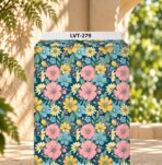 Cheerful floral design featuring soft pink, golden yellow and sky-blue blooms with fresh green foliage on a deep teal background.