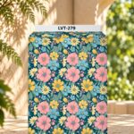 Cheerful floral design featuring soft pink, golden yellow and sky-blue blooms with fresh green foliage on a deep teal background.