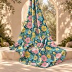 ⁦Cheerful floral design featuring soft pink, golden yellow and sky-blue blooms with fresh green foliage on a deep teal background.⁩ - الصورة ⁦2⁩