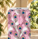 Elegant peacock-feather design in soft pink with striking turquoise, royal blue and olive accents on a clean white background.