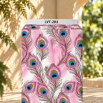 Elegant peacock-feather design in soft pink with striking turquoise, royal blue and olive accents on a clean white background.