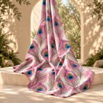 Elegant peacock-feather design in soft pink with striking turquoise, royal blue and olive accents on a clean white background. - Image 2