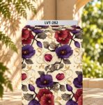 Elegant floral design featuring deep purple and burgundy blooms with muted taupe leaves and delicate golden swirls on a warm ivory background.
