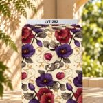 Elegant floral design featuring deep purple and burgundy blooms with muted taupe leaves and delicate golden swirls on a warm ivory background.