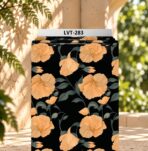 Elegant floral design featuring warm peach blooms with muted sage-green leaves on a deep black background.