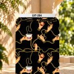 Bold artistic design featuring elegant illustrated hands, golden jewelry and flowing pearl strands with traditional coffee cups on a deep black background.