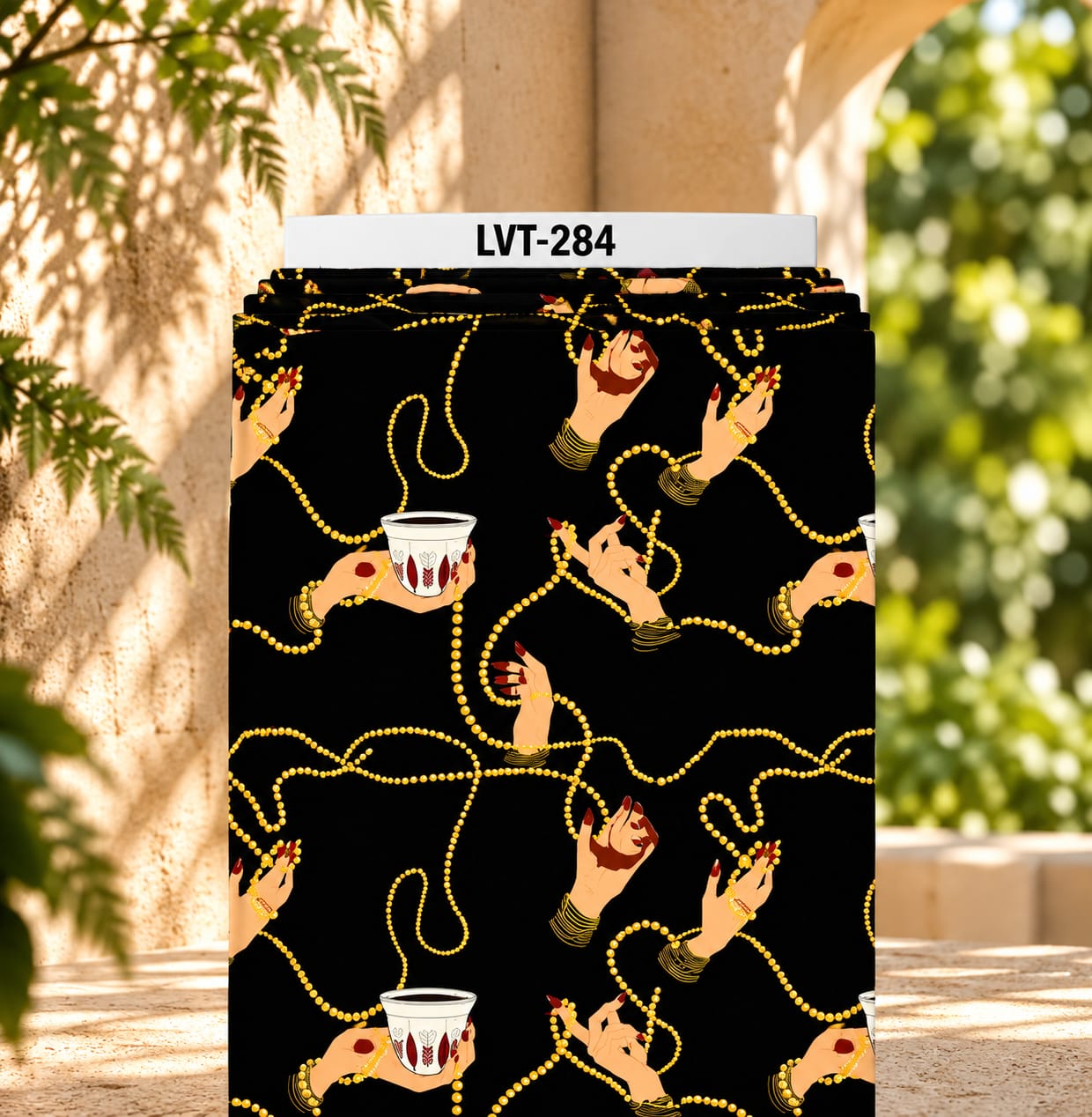 LVT-284 Bold artistic design featuring elegant illustrated hands, golden jewelry and flowing pearl strands with traditional coffee cups on a deep black background. - Image 1