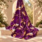 Bold artistic design featuring elegant illustrated hands, golden jewelry and flowing pearl strands with traditional coffee cups on a rich purple background - Image 2